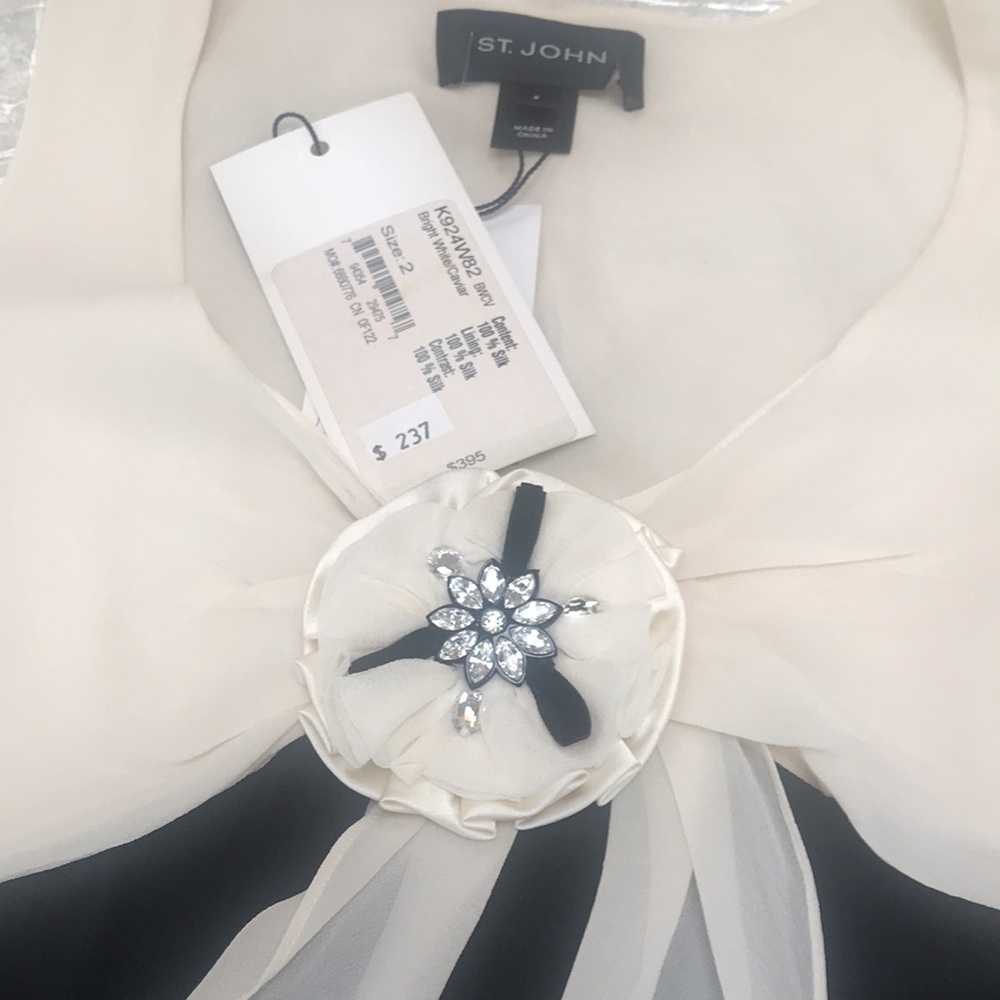 ST.JOHN 100% silk top, white /black top, size 2, with center rhinestone rosette - Picture 5 of 5